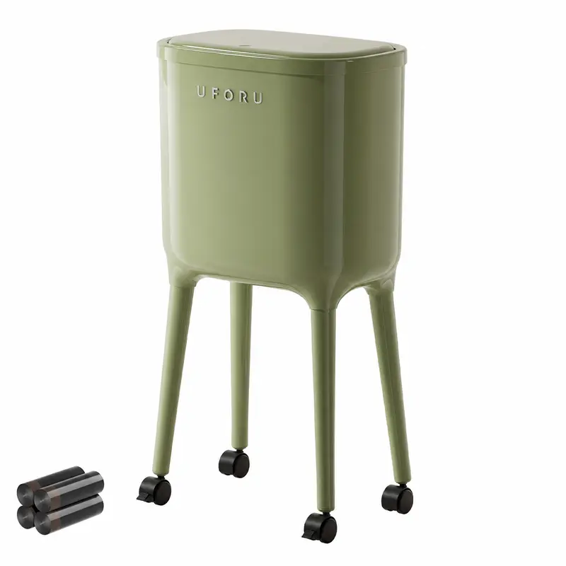 16L Tall Rolling Trash Can with Lid – Slim Waterproof Kitchen Garbage Bin with Wheels & Brake, Space-Saving Waste Bin for Bathroom, Bedroom, Living Room & Office