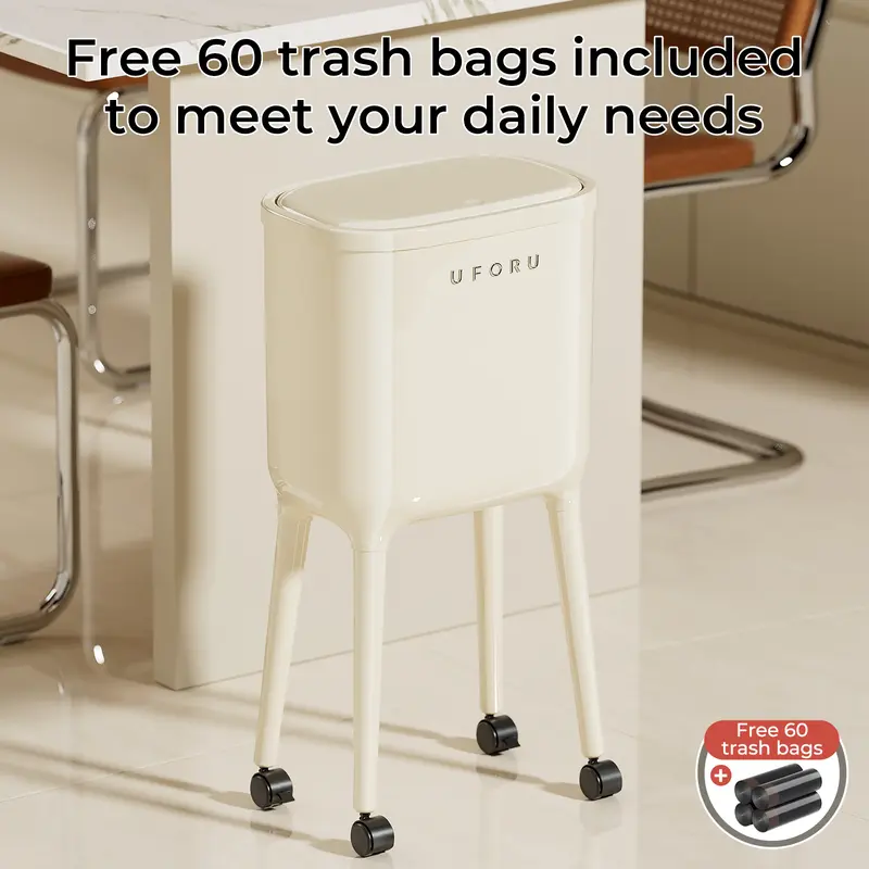 16L Tall Rolling Trash Can with Lid – Slim Waterproof Kitchen Garbage Bin with Wheels & Brake, Space-Saving Waste Bin for Bathroom, Bedroom, Living Room & Office