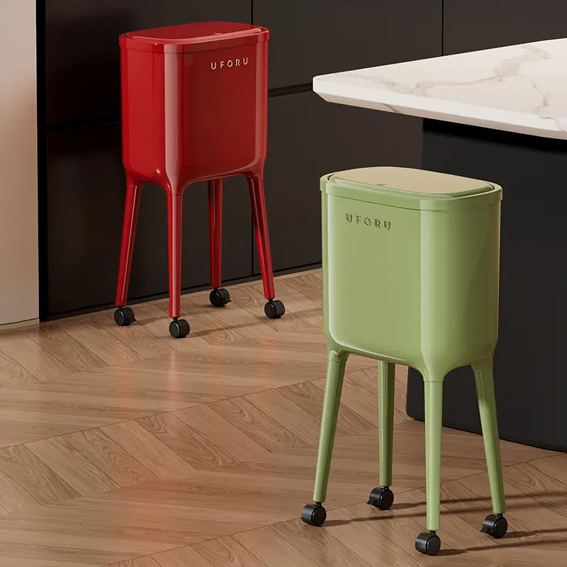 16L Tall Rolling Trash Can with Lid – Slim Waterproof Kitchen Garbage Bin with Wheels & Brake, Space-Saving Waste Bin for Bathroom, Bedroom, Living Room & Office