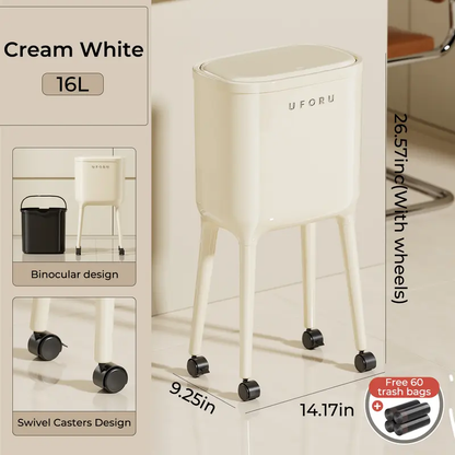 16L Tall Rolling Trash Can with Lid – Slim Waterproof Kitchen Garbage Bin with Wheels & Brake, Space-Saving Waste Bin for Bathroom, Bedroom, Living Room & Office
