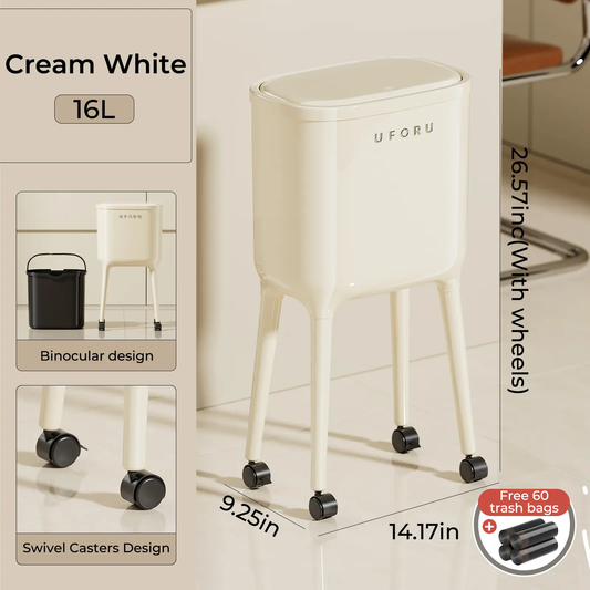 16L Tall Rolling Trash Can with Lid – Slim Waterproof Kitchen Garbage Bin with Wheels & Brake, Space-Saving Waste Bin for Bathroom, Bedroom, Living Room & Office