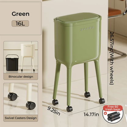 16L Tall Rolling Trash Can with Lid – Slim Waterproof Kitchen Garbage Bin with Wheels & Brake, Space-Saving Waste Bin for Bathroom, Bedroom, Living Room & Office