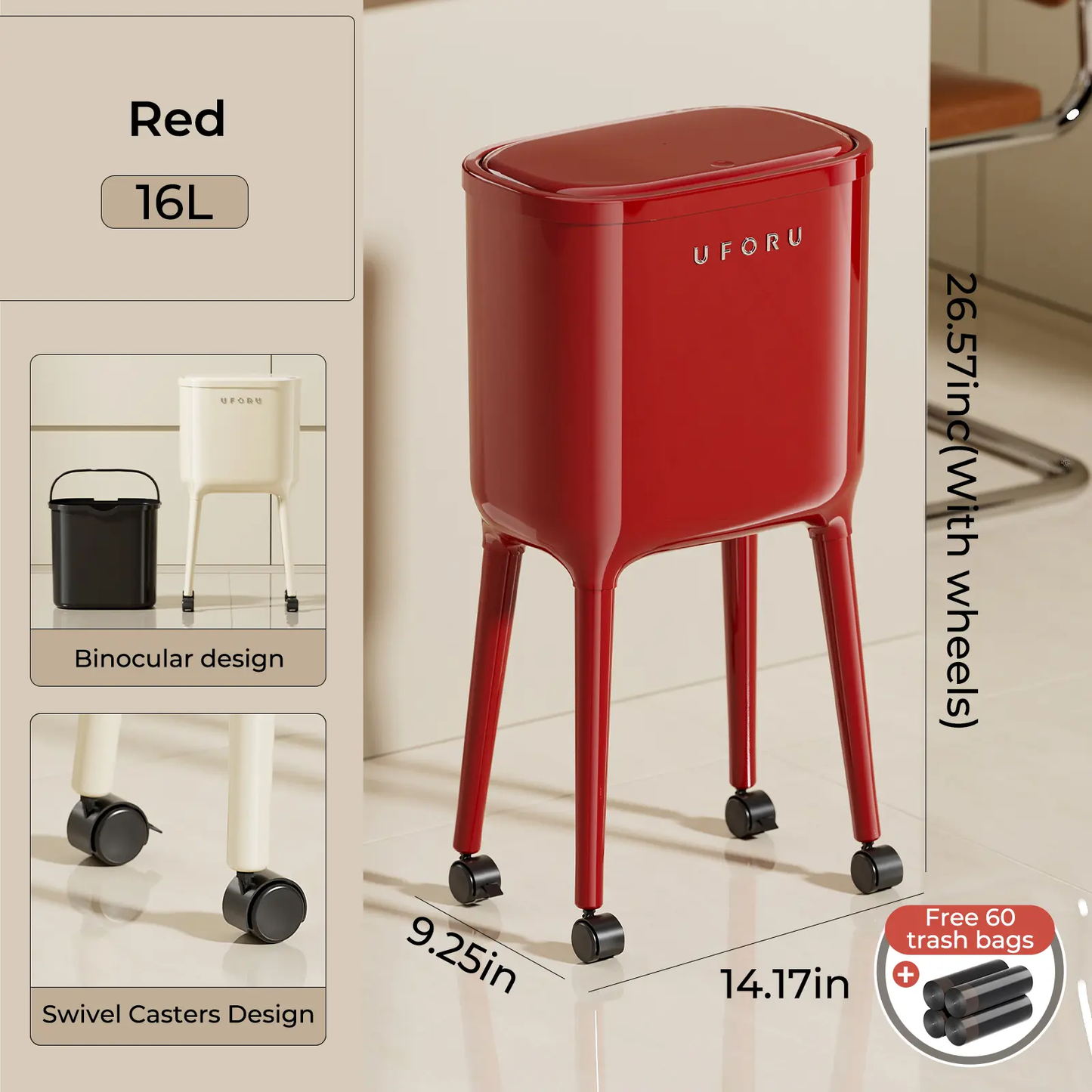 16L Tall Rolling Trash Can with Lid – Slim Waterproof Kitchen Garbage Bin with Wheels & Brake, Space-Saving Waste Bin for Bathroom, Bedroom, Living Room & Office