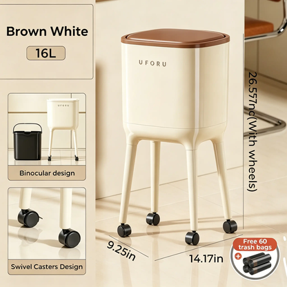 16L Tall Rolling Trash Can with Lid – Slim Waterproof Kitchen Garbage Bin with Wheels & Brake, Space-Saving Waste Bin for Bathroom, Bedroom, Living Room & Office